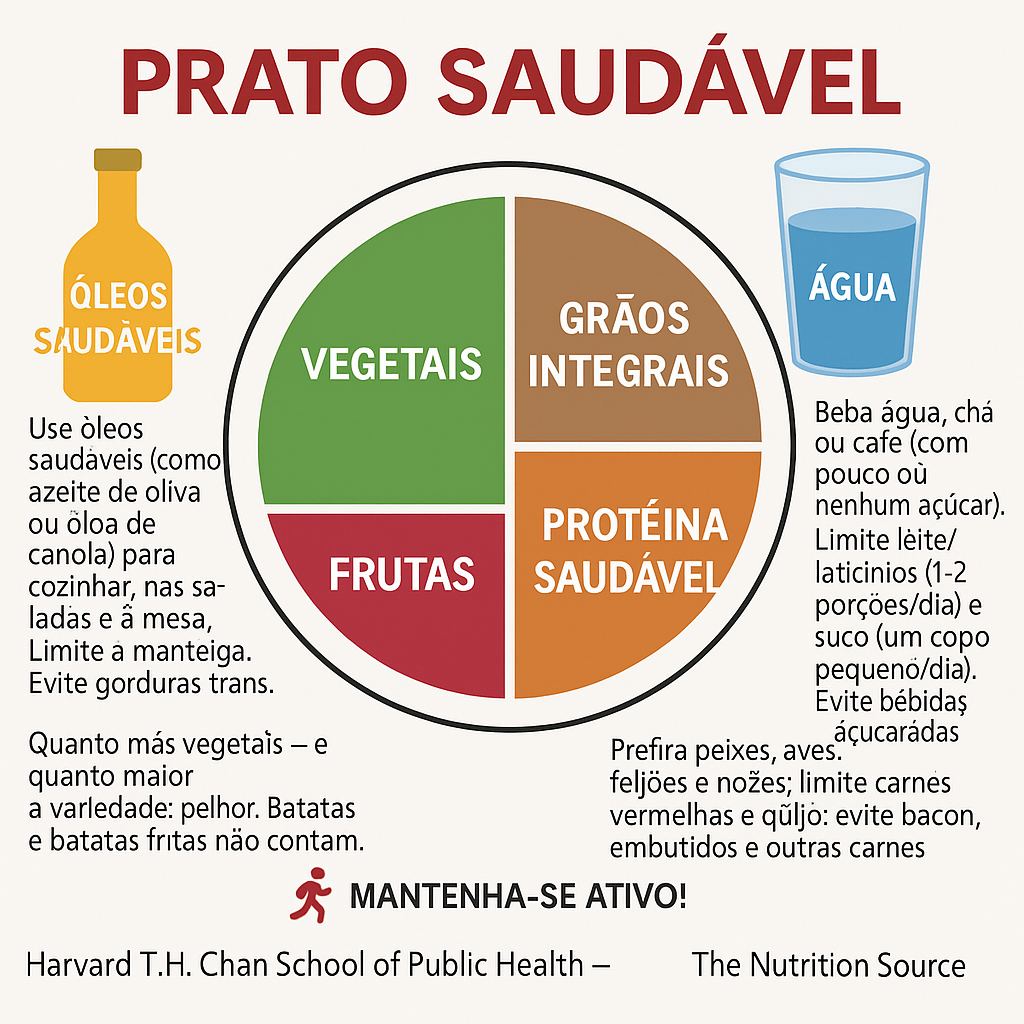 Prato Saudável de Harvard mostrando a proporção ideal de vegetais, proteínas, grãos integrais e frutas